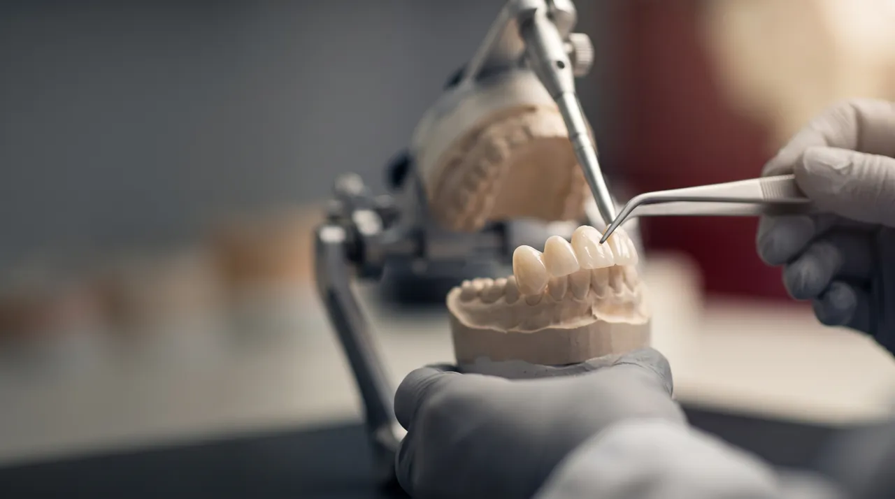 Técnico de prótese dentária a finalizar uma prótese sobre um articulador no laboratório MecanoDente